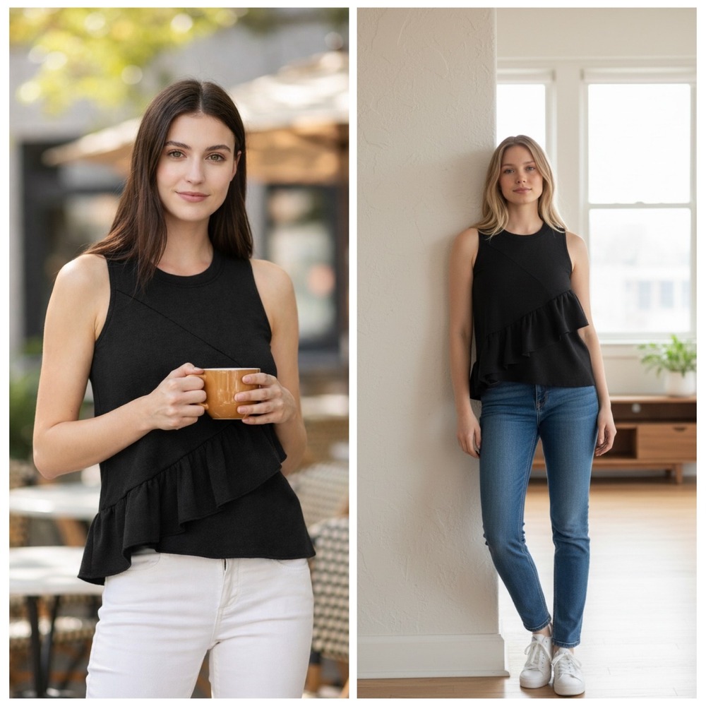 Carven Peplum Sweatshirt Top‎ Womens M Black Sleeveless Ruffle French Chic